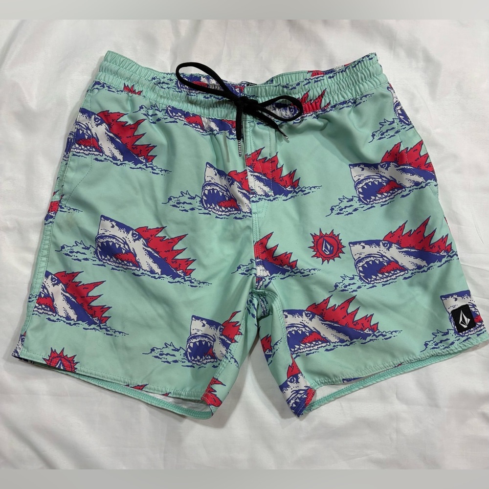 Volcom Shark Print Board Shorts - Mint and Red